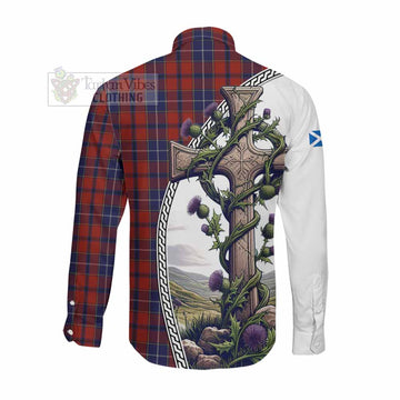 Wishart Tartan Long Sleeve Button Shirt with Family Crest and St. Andrew's Cross Accented by Thistle Vines