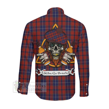 Wishart Tartan Long Sleeve Button Shirt with Family Crest and Bearded Skull Holding Bottles of Whiskey