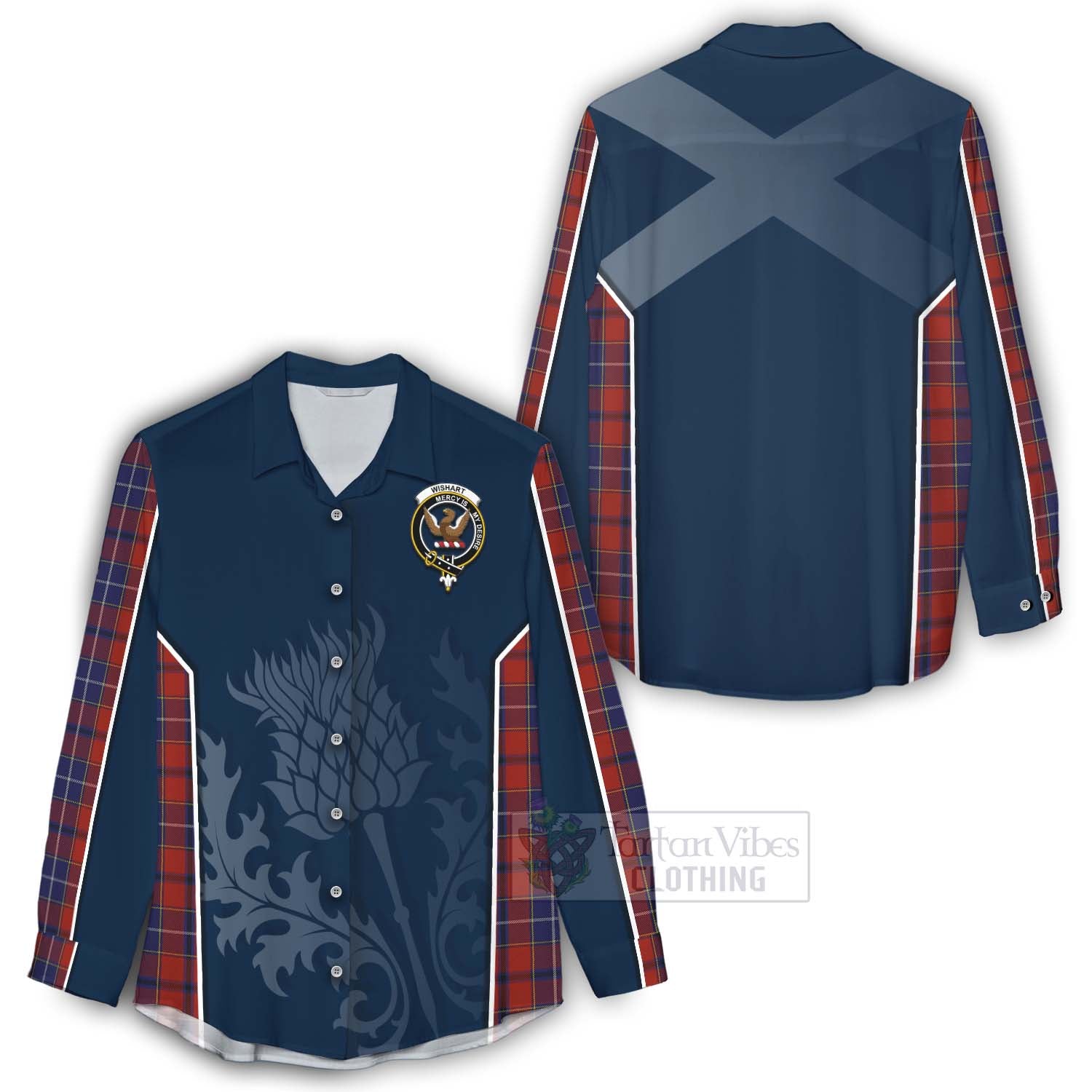 Tartan Vibes Clothing Wishart Tartan Women's Casual Shirt with Family Crest and Scottish Thistle Vibes Sport Style