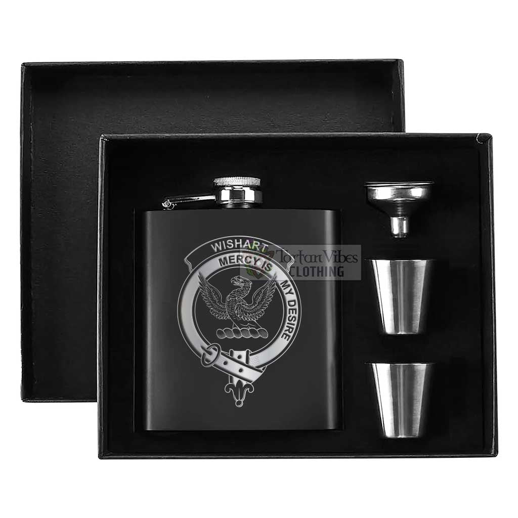 Tartan Vibes Clothing Wishart Crest Hip Flask Set 7oz Black Stainless Steel with A Gift Box