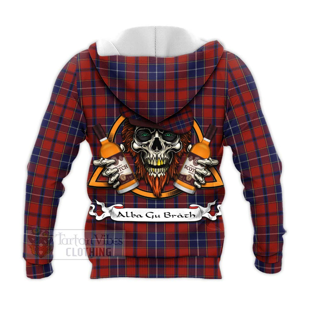 Tartan Vibes Clothing Wishart Tartan Knitted Hoodie with Family Crest and Bearded Skull Holding Bottles of Whiskey