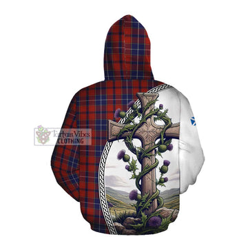 Wishart Tartan Cotton Hoodie with Family Crest and St. Andrew's Cross Accented by Thistle Vines Pullover Hoodie - Tartan Vibes Clothing