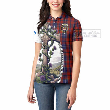 Wishart Tartan Women's Polo Shirt with Family Crest and St. Andrew's Cross Accented by Thistle Vines