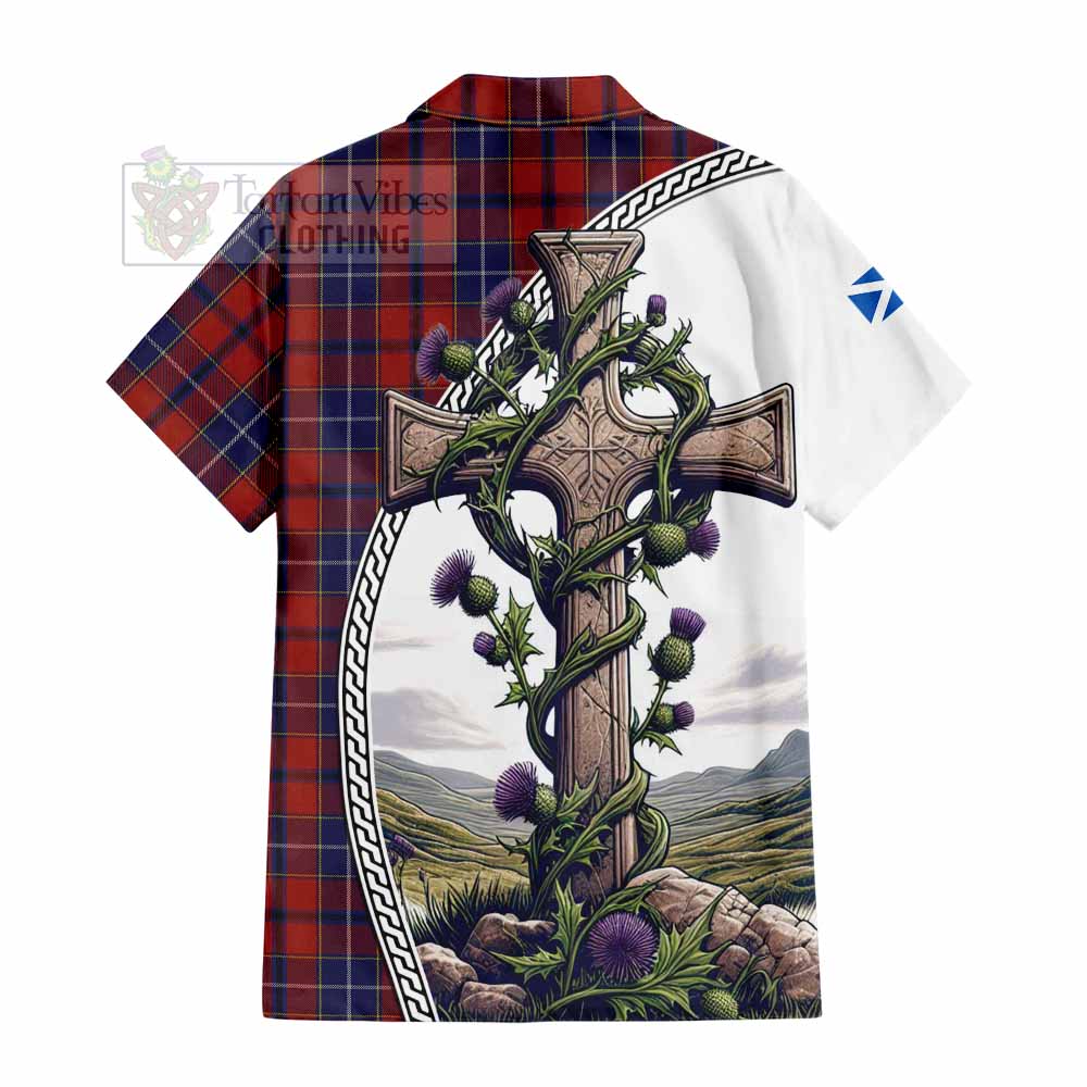 Tartan Vibes Clothing Wishart Tartan Short Sleeve Button Shirt with Family Crest and St. Andrew's Cross Accented by Thistle Vines