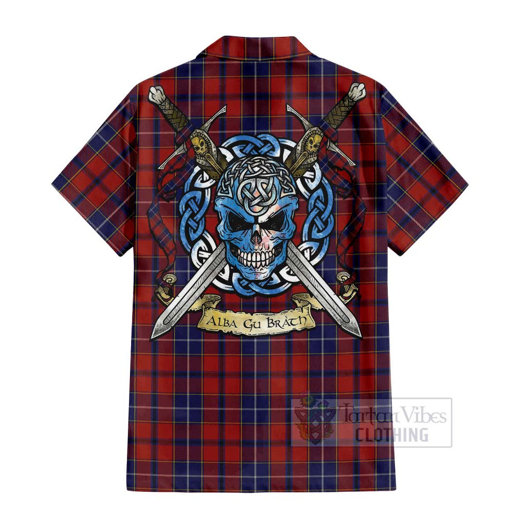 Tartan Vibes Clothing Wishart Tartan Short Sleeve Button Shirt with Family Crest Celtic Skull Style