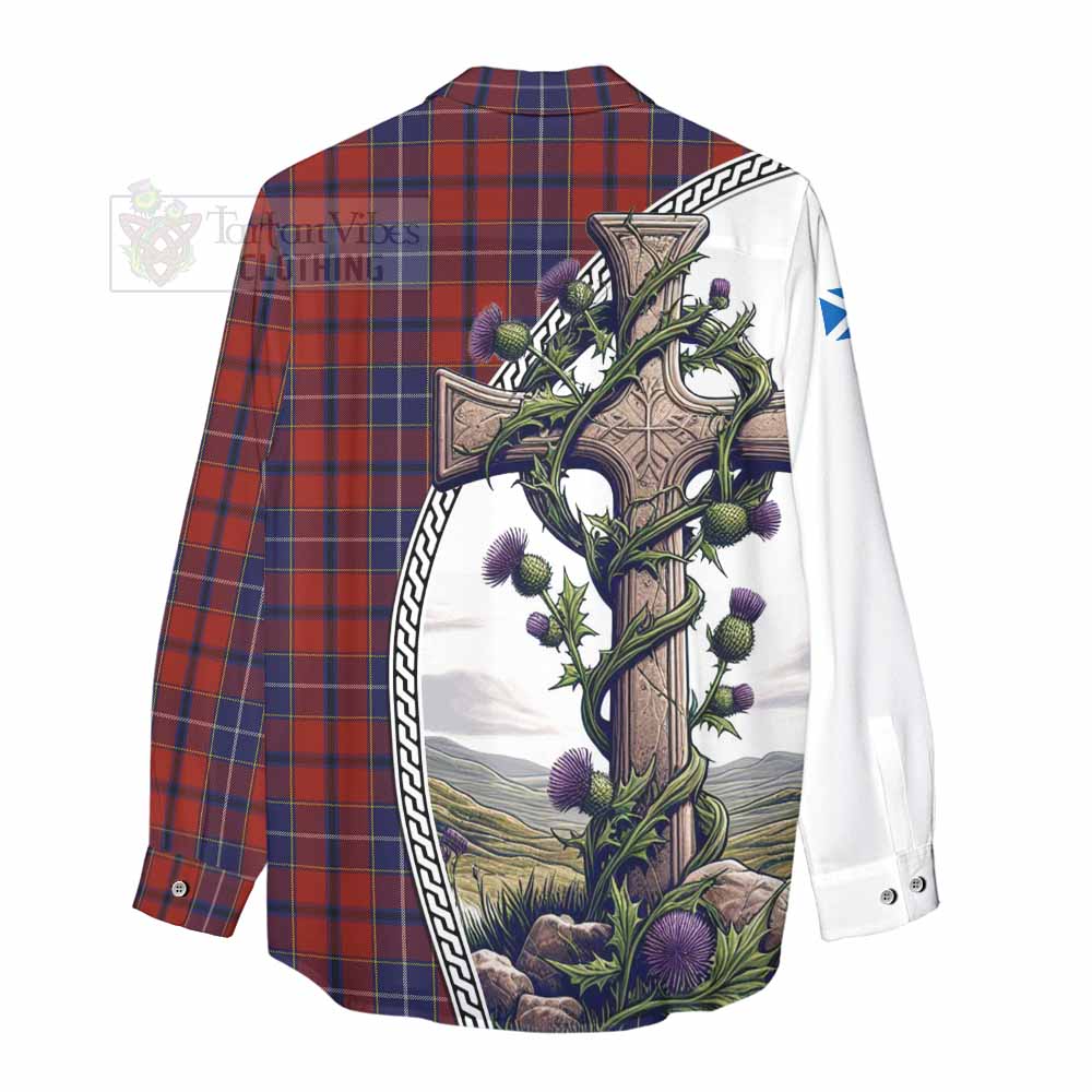 Tartan Vibes Clothing Wishart Tartan Women's Casual Shirt with Family Crest and St. Andrew's Cross Accented by Thistle Vines