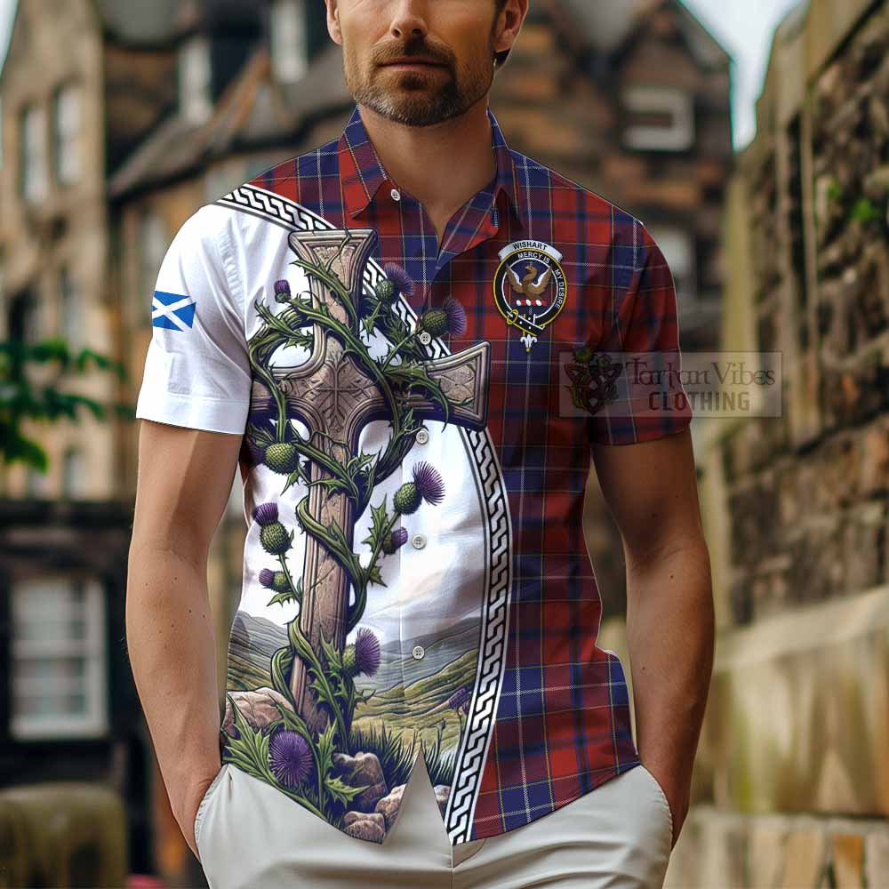 Tartan Vibes Clothing Wishart Tartan Short Sleeve Button Shirt with Family Crest and St. Andrew's Cross Accented by Thistle Vines