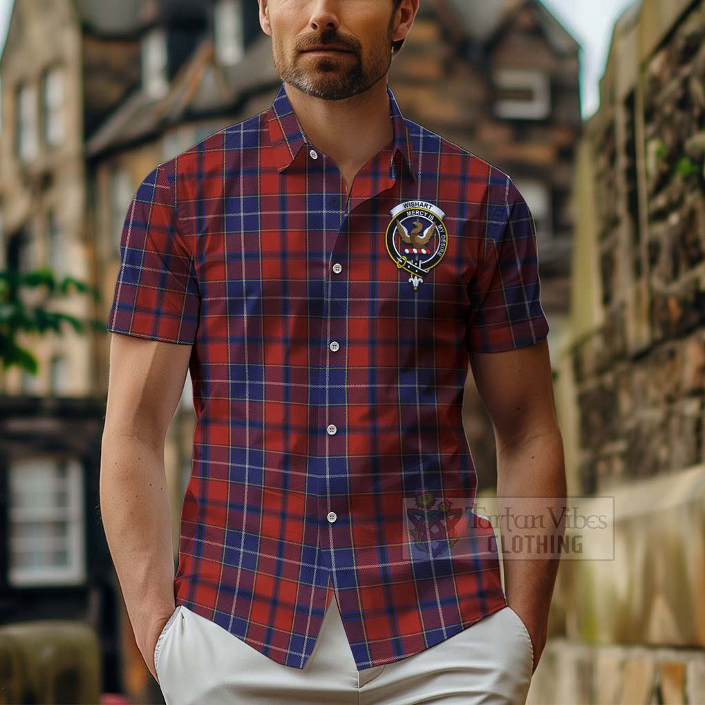 Tartan Vibes Clothing Wishart Tartan Short Sleeve Button Shirt with Family Crest and Bearded Skull Holding Bottles of Whiskey