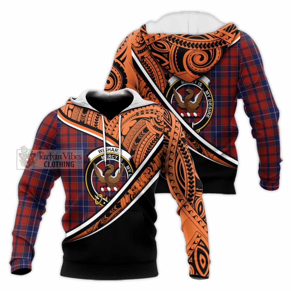 Tartan Vibes Clothing Wishart Crest Tartan Knitted Hoodie with Maori Tattoo Style - Orange Version