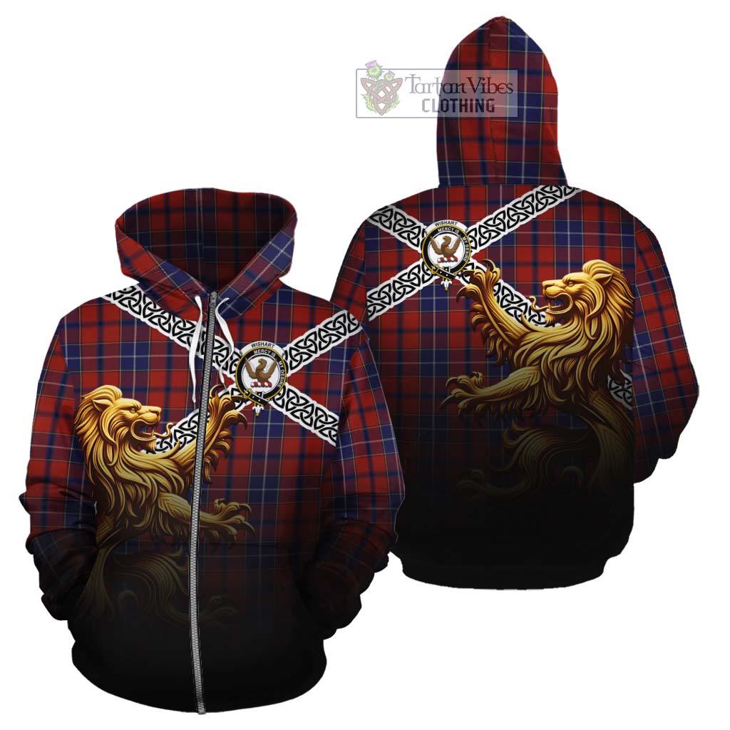 Wishart Crest Tartan Cotton Hoodie with Golden Lion Emblem Celtic Style Zip Hoodie - Tartan Vibes Clothing