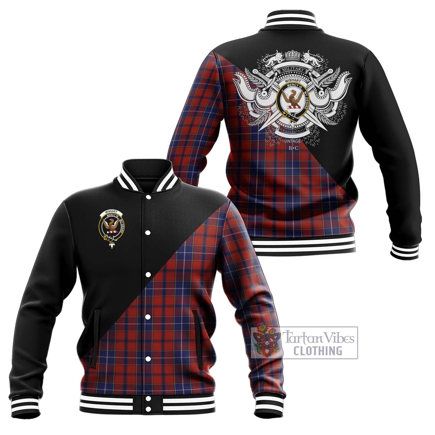 Tartan Vibes Clothing Wishart Dress Tartan Baseball Jacket with Family Crest and Military Logo Style