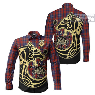 Wishart Tartan Long Sleeve Button Shirt with Family Crest Celtic Wolf Style