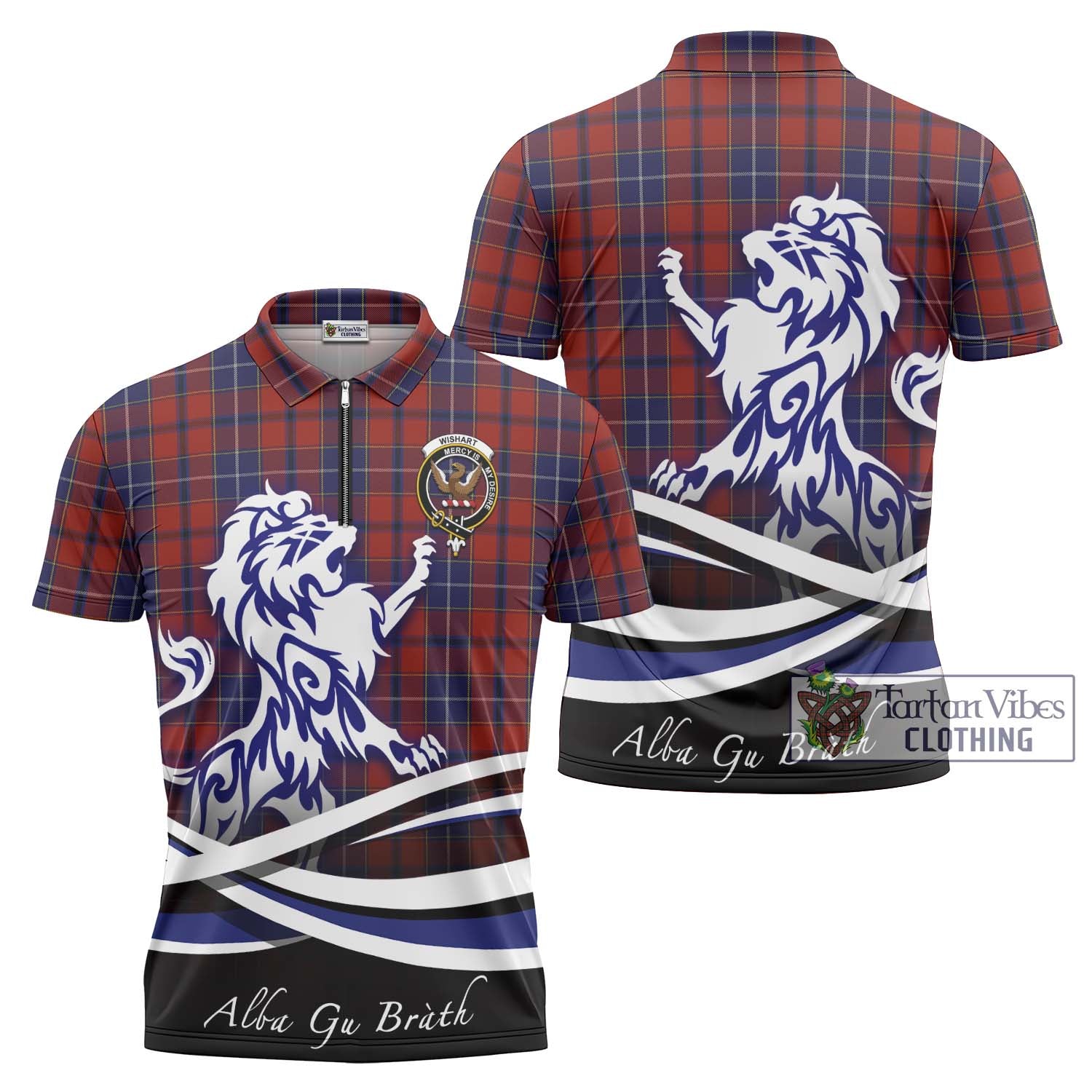 Tartan Vibes Clothing Wishart Dress Tartan Zipper Polo Shirt with Alba Gu Brath Regal Lion Emblem