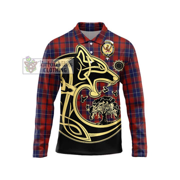 Wishart Dress Tartan Long Sleeve Polo Shirt with Family Crest Celtic Wolf Style