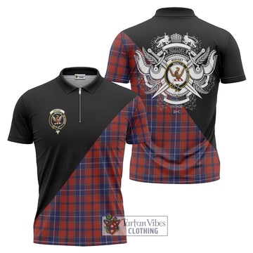 Wishart Tartan Zipper Polo Shirt with Family Crest and Military Logo Style