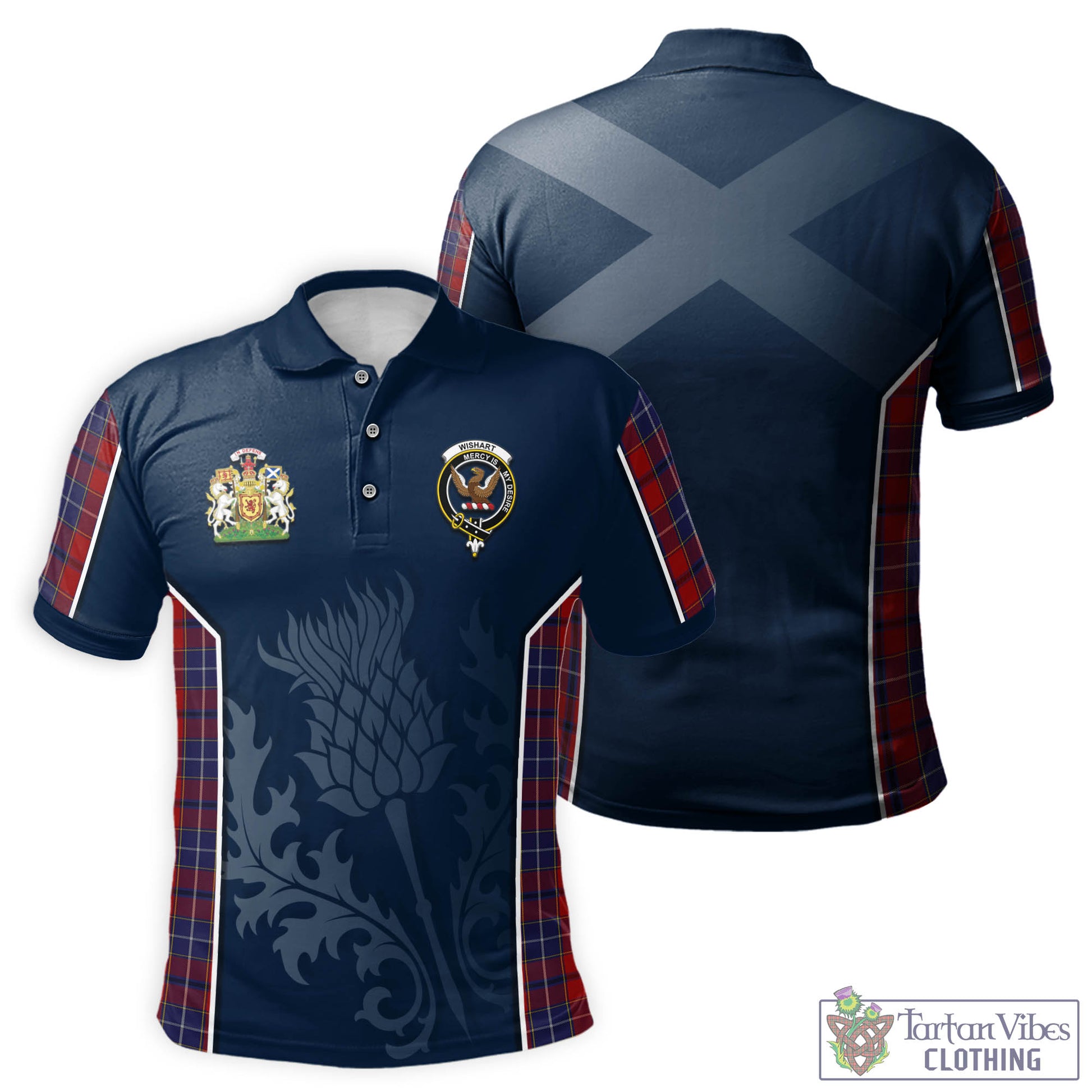 Tartan Vibes Clothing Wishart Dress Tartan Men's Polo Shirt with Family Crest and Scottish Thistle Vibes Sport Style