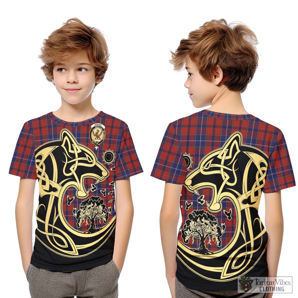 Tartan Vibes Clothing Wishart Dress Tartan Kid T-Shirt with Family Crest Celtic Wolf Style