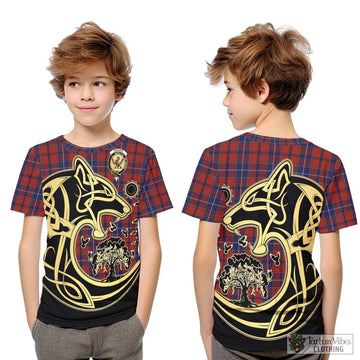 Wishart Dress Tartan Kid T-Shirt with Family Crest Celtic Wolf Style