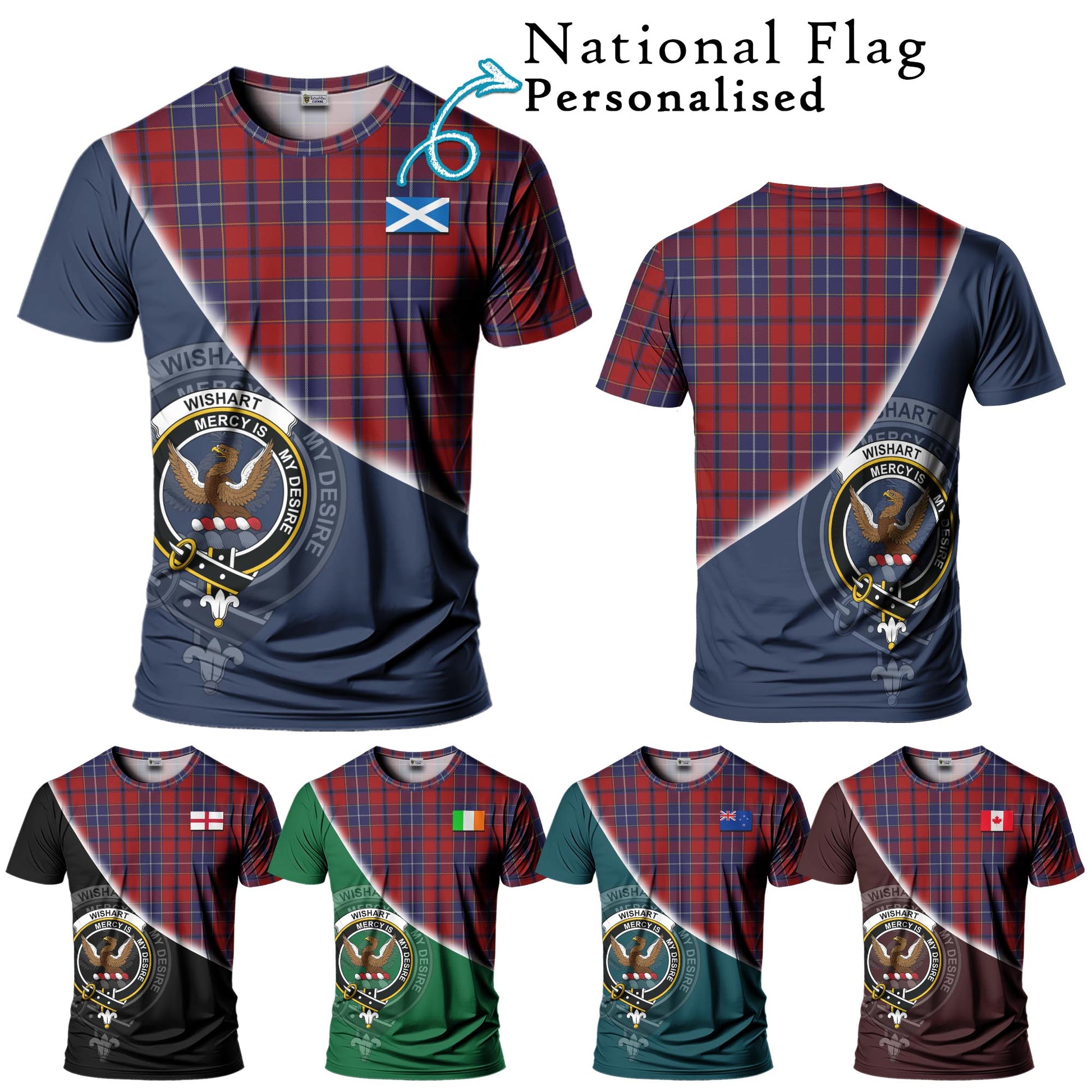 Tartan Vibes Clothing Wishart Dress Tartan T-Shirt with Personalised National Flag and Family Crest Half Style