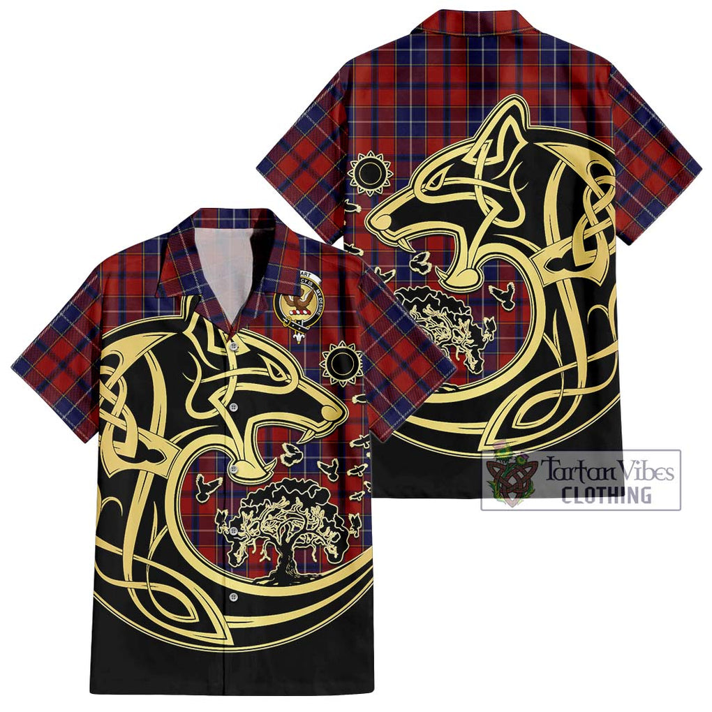 Wishart Tartan Short Sleeve Button Shirt with Family Crest Celtic Wolf Style Kid - Tartan Vibes Clothing