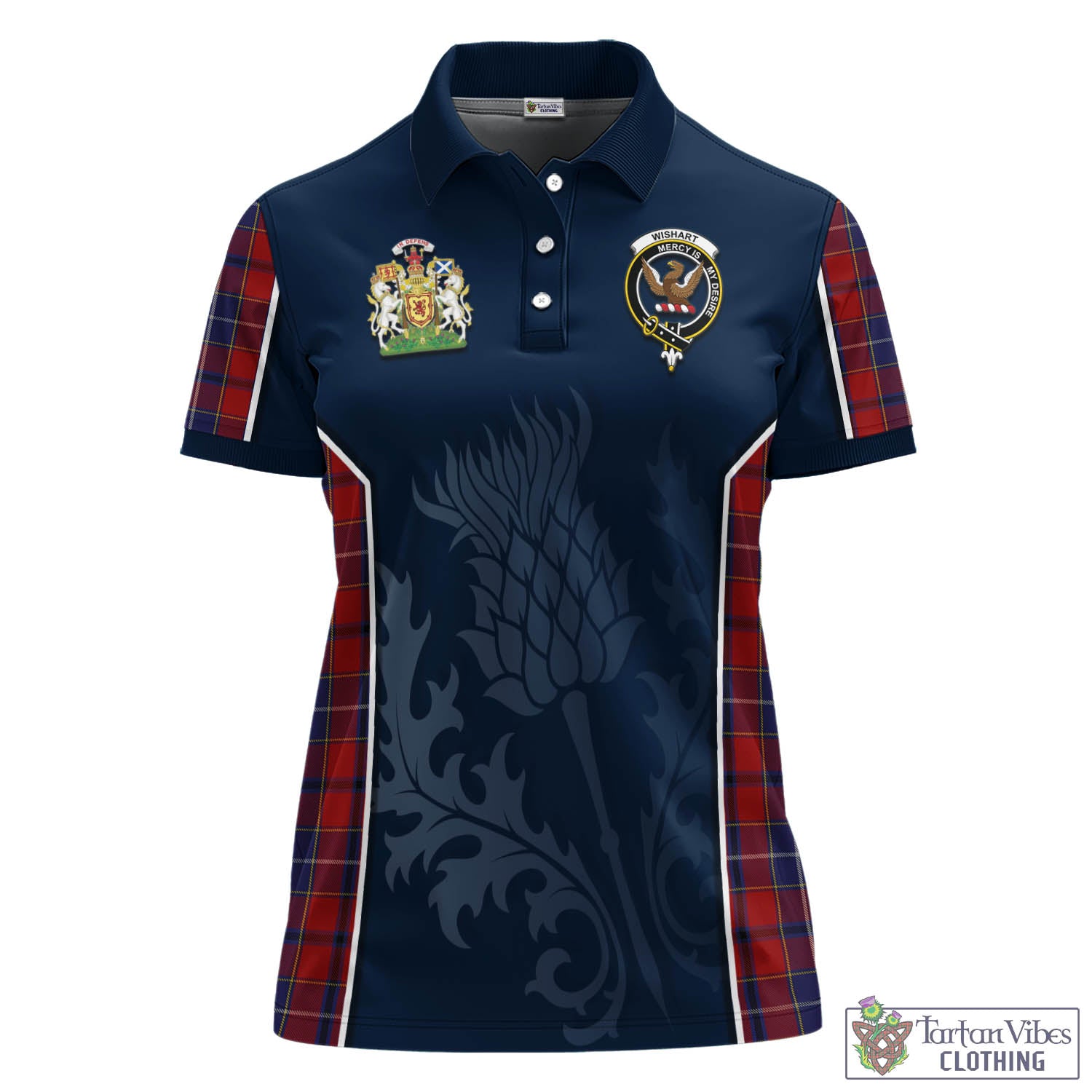 Tartan Vibes Clothing Wishart Dress Tartan Women's Polo Shirt with Family Crest and Scottish Thistle Vibes Sport Style