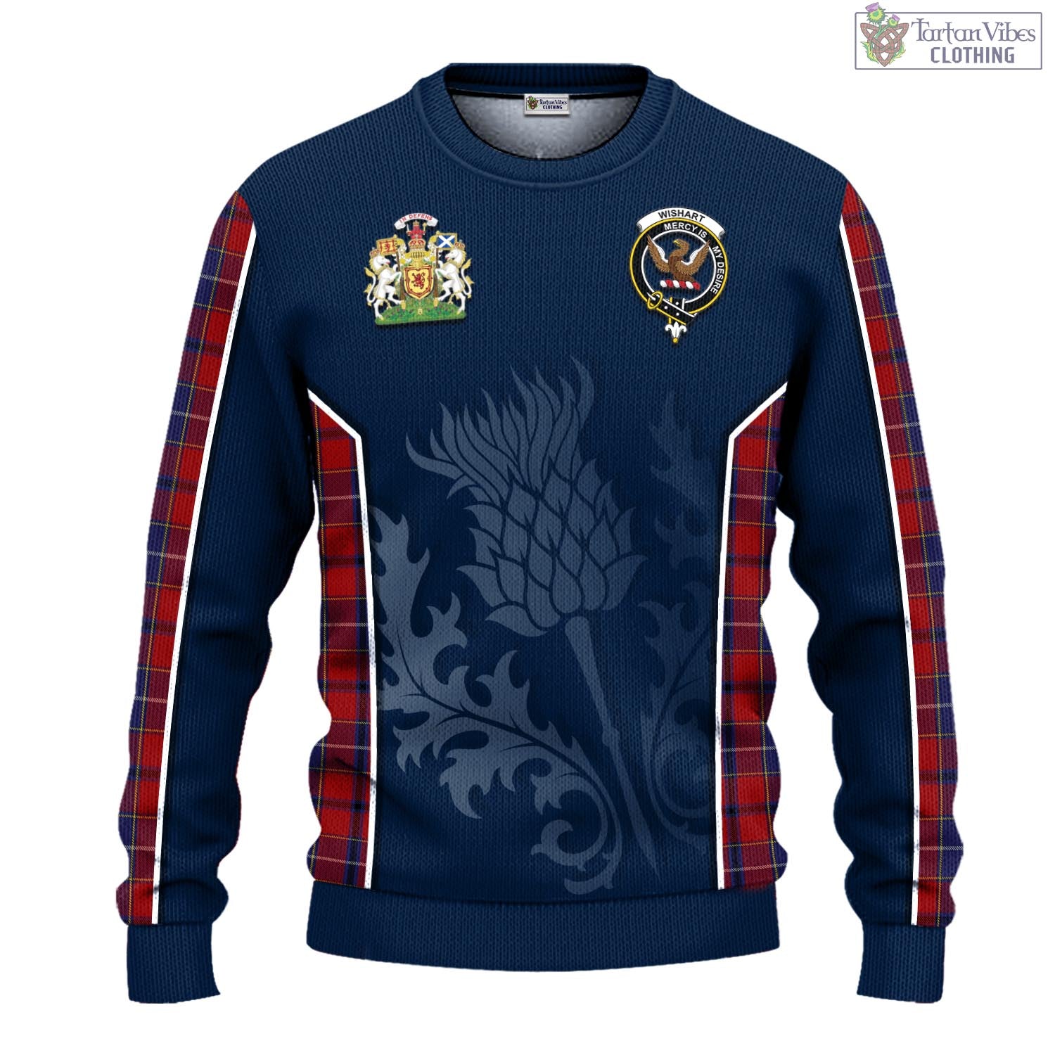 Tartan Vibes Clothing Wishart Dress Tartan Knitted Sweatshirt with Family Crest and Scottish Thistle Vibes Sport Style