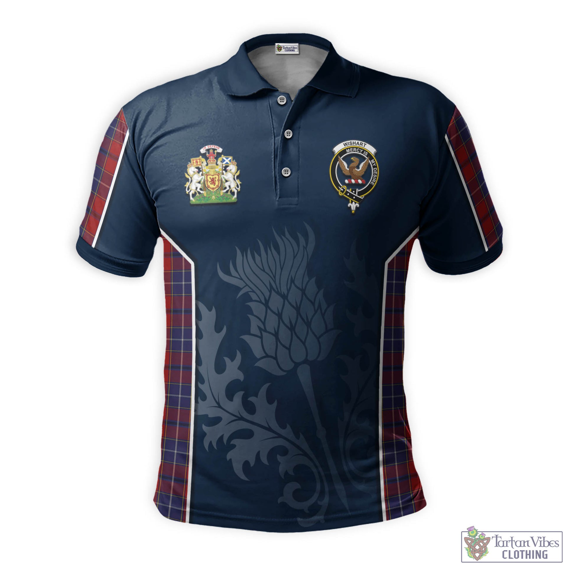 Tartan Vibes Clothing Wishart Dress Tartan Men's Polo Shirt with Family Crest and Scottish Thistle Vibes Sport Style