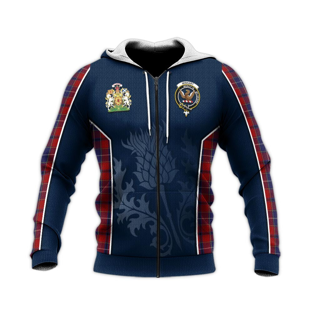 Tartan Vibes Clothing Wishart Dress Tartan Knitted Hoodie with Family Crest and Scottish Thistle Vibes Sport Style