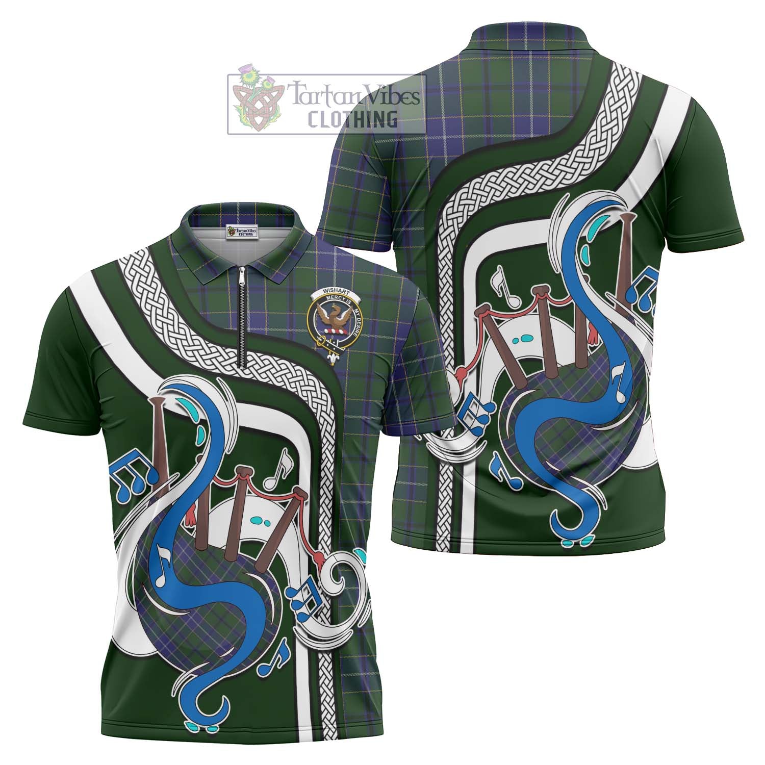 Tartan Vibes Clothing Wishart Hunting Tartan Zipper Polo Shirt with Epic Bagpipe Style