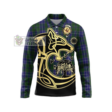 Wishart Hunting Tartan Long Sleeve Polo Shirt with Family Crest Celtic Wolf Style