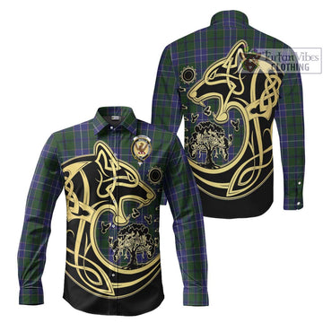 Wishart Hunting Tartan Long Sleeve Button Shirt with Family Crest Celtic Wolf Style