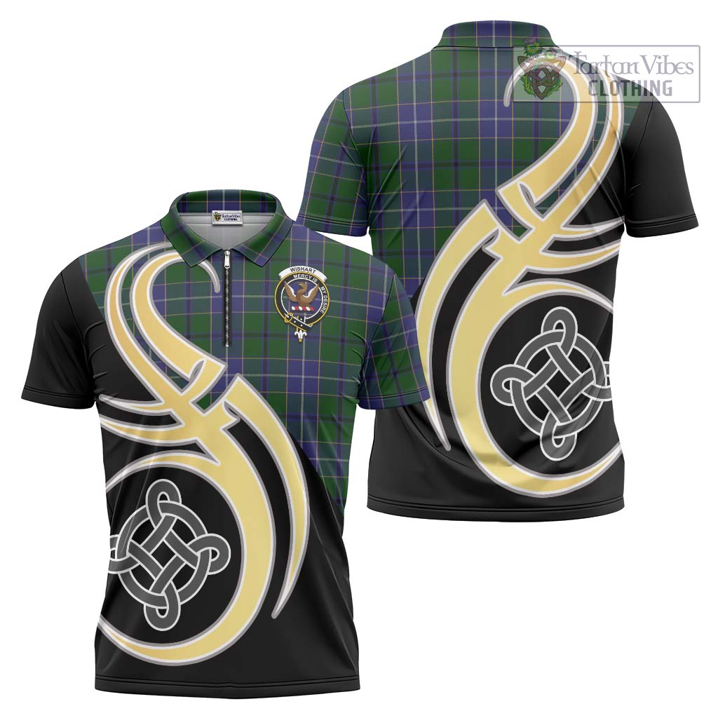 Tartan Vibes Clothing Wishart Hunting Tartan Zipper Polo Shirt with Family Crest and Celtic Symbol Style