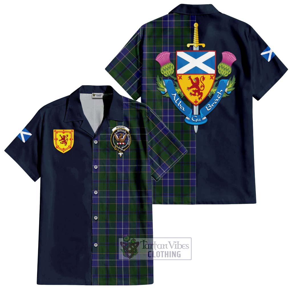 Tartan Vibes Clothing Wishart Hunting Tartan Short Sleeve Button Shirt with Scottish Lion Royal Arm Half Style