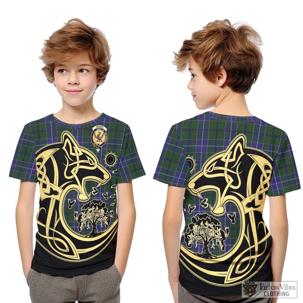 Tartan Vibes Clothing Wishart Hunting Tartan Kid T-Shirt with Family Crest Celtic Wolf Style