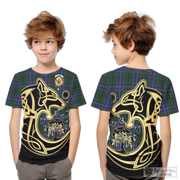 Wishart Hunting Tartan Kid T-Shirt with Family Crest Celtic Wolf Style