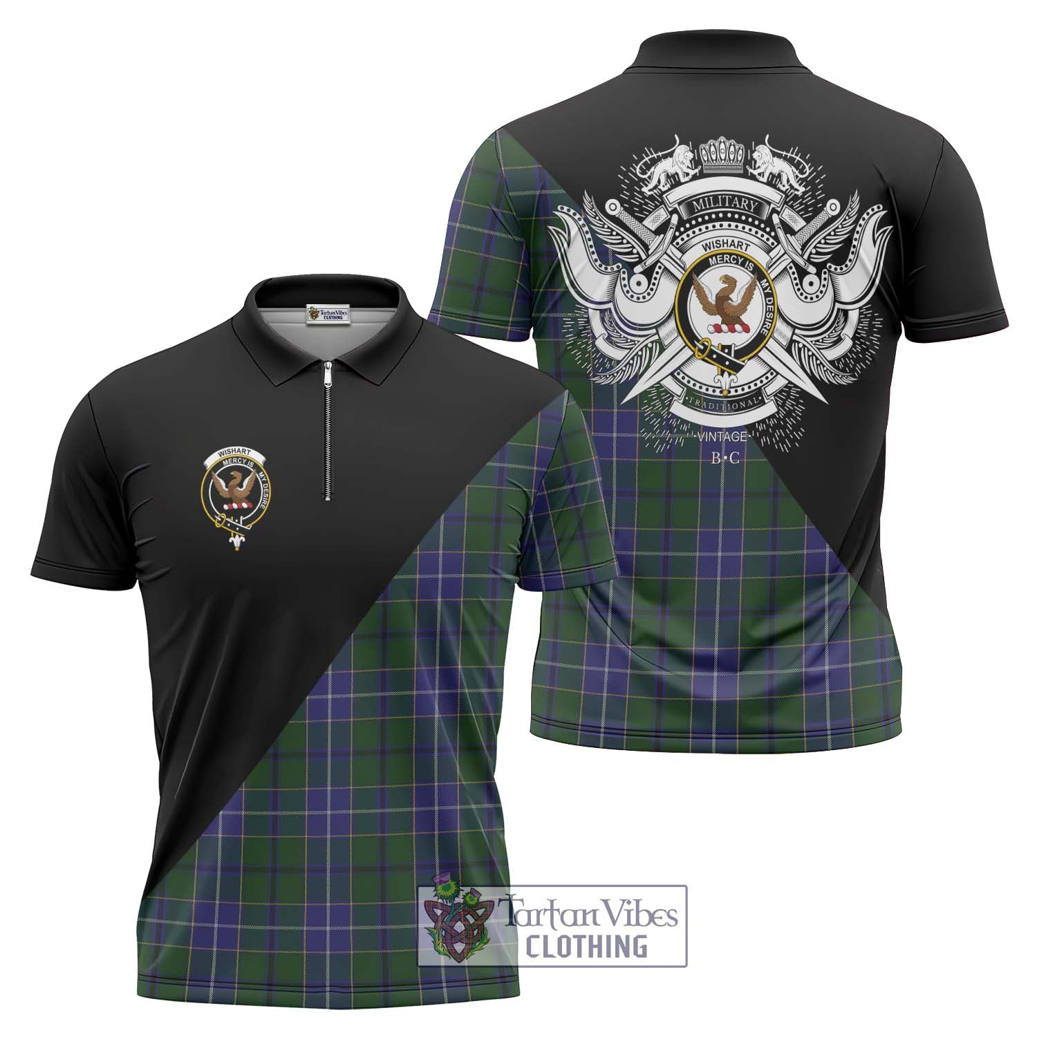 Tartan Vibes Clothing Wishart Hunting Tartan Zipper Polo Shirt with Family Crest and Military Logo Style