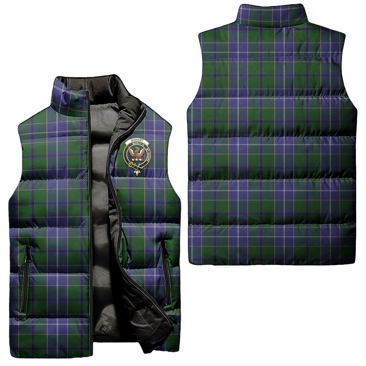 Wishart Hunting Tartan Sleeveless Puffer Jacket with Family Crest Unisex - Tartanvibesclothing