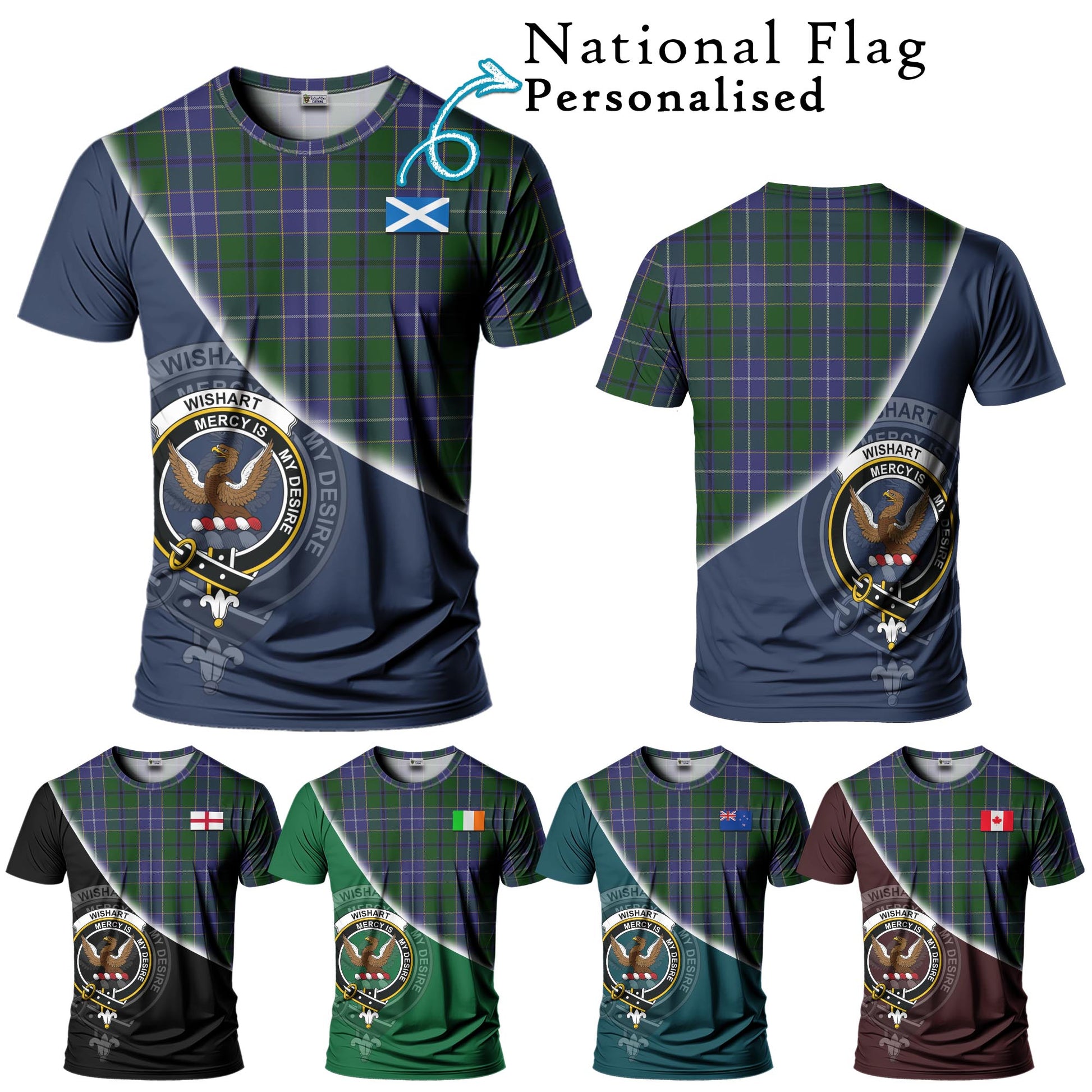 Tartan Vibes Clothing Wishart Hunting Tartan T-Shirt with Personalised National Flag and Family Crest Half Style