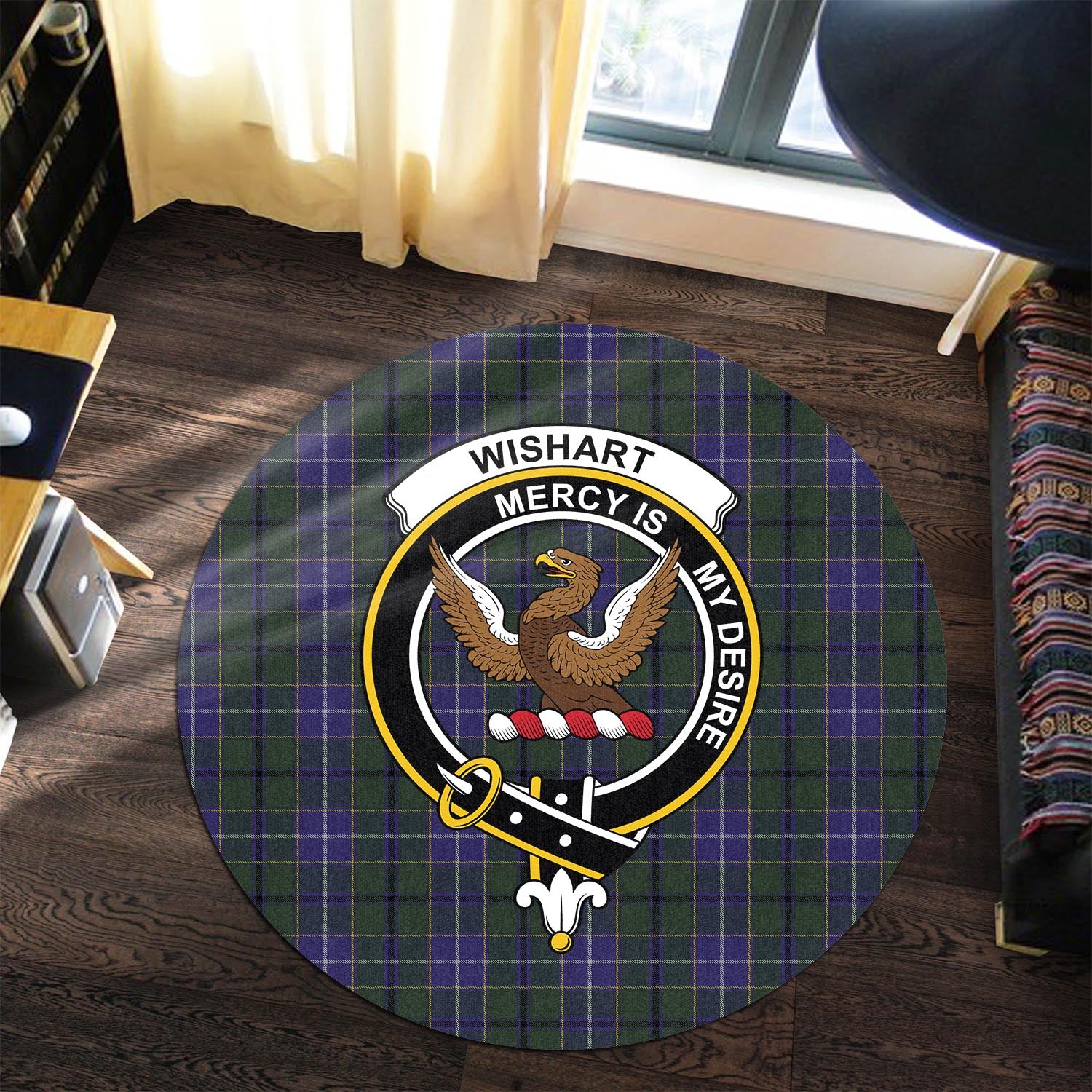 wishart-hunting-tartan-round-rug-with-family-crest