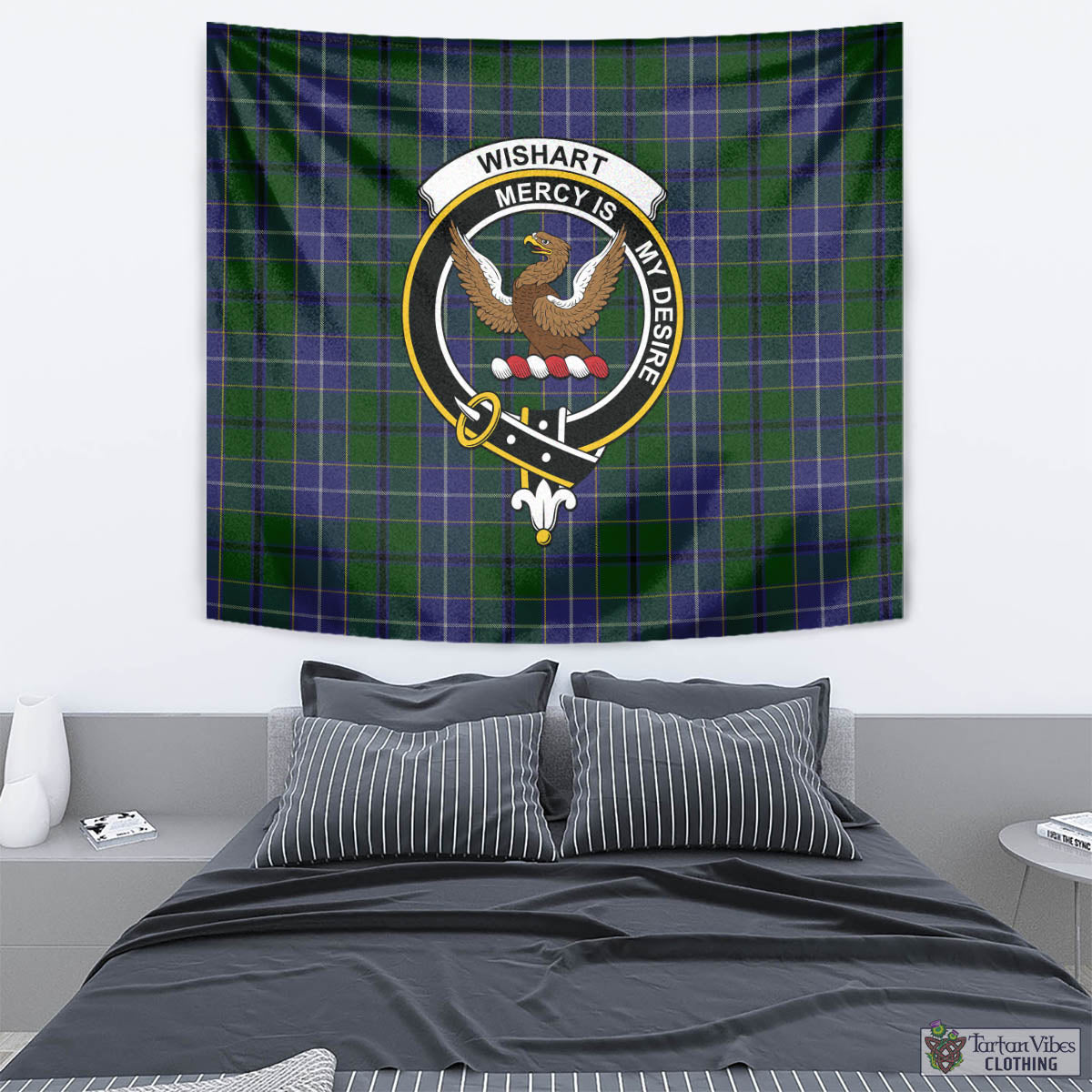 Tartan Vibes Clothing Wishart Hunting Tartan Tapestry Wall Hanging and Home Decor for Room with Family Crest