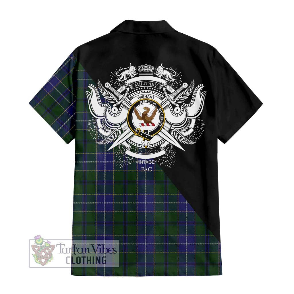 Tartan Vibes Clothing Wishart Hunting Tartan Short Sleeve Button Shirt with Family Crest and Military Logo Style