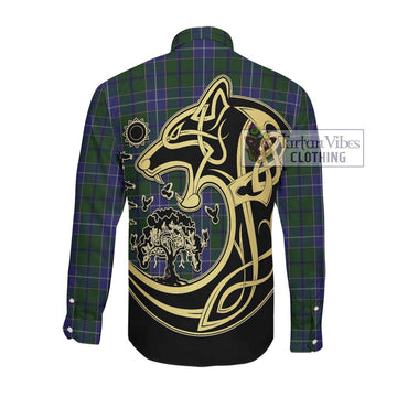 Wishart Hunting Tartan Long Sleeve Button Shirt with Family Crest Celtic Wolf Style
