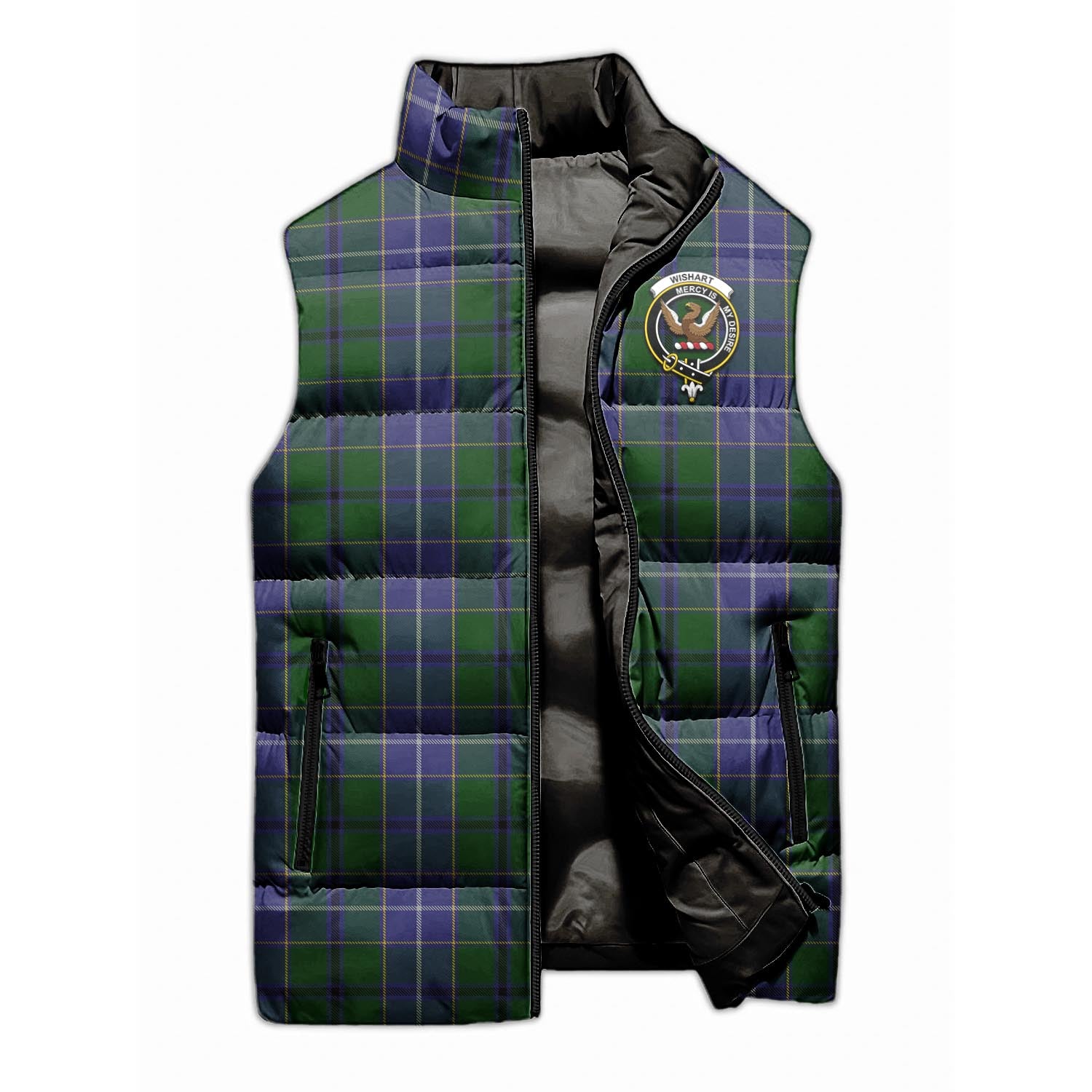 Wishart Hunting Tartan Sleeveless Puffer Jacket with Family Crest - Tartanvibesclothing