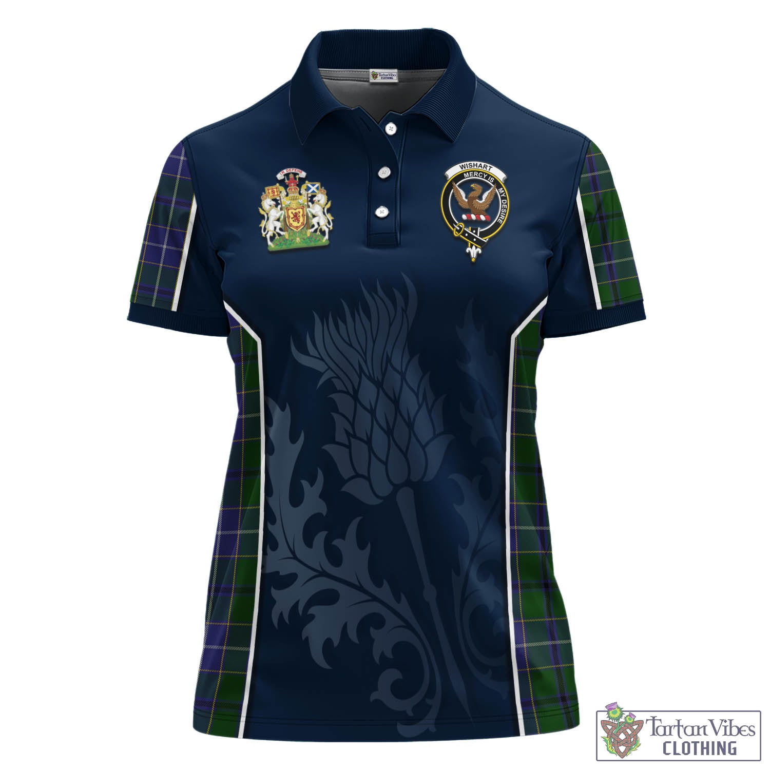 Tartan Vibes Clothing Wishart Hunting Tartan Women's Polo Shirt with Family Crest and Scottish Thistle Vibes Sport Style