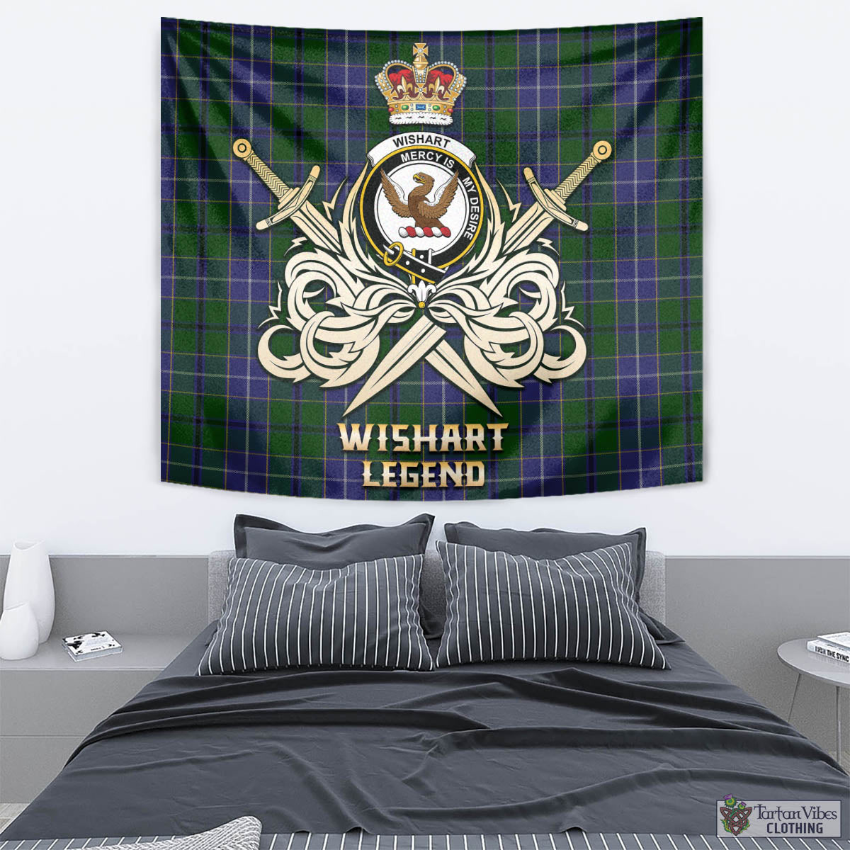 Tartan Vibes Clothing Wishart Hunting Tartan Tapestry with Clan Crest and the Golden Sword of Courageous Legacy