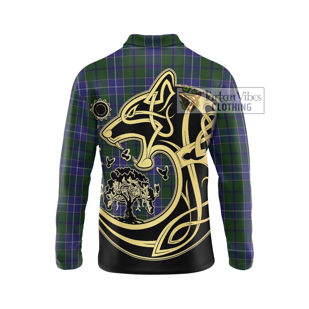 Tartan Vibes Clothing Wishart Hunting Tartan Long Sleeve Polo Shirt with Family Crest Celtic Wolf Style