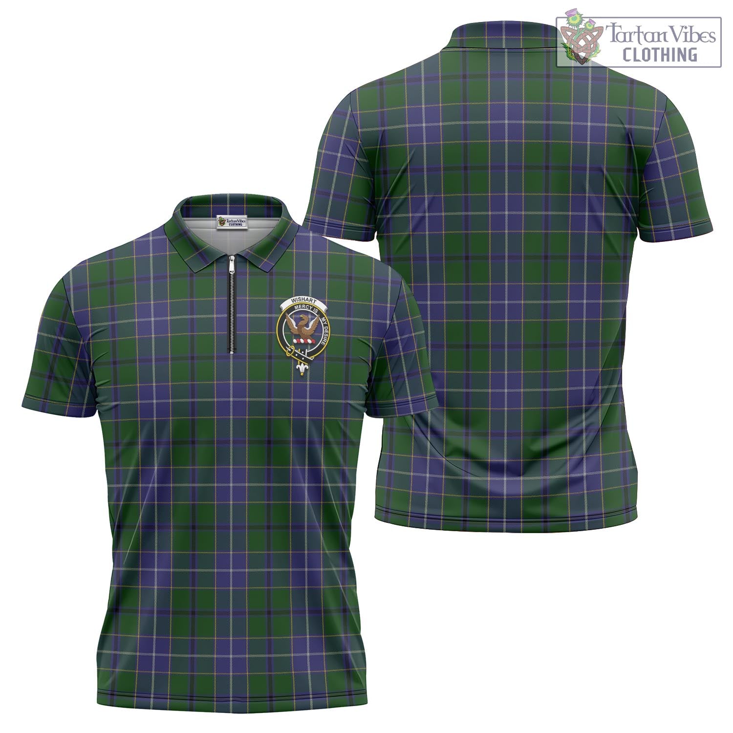 Tartan Vibes Clothing Wishart Hunting Tartan Zipper Polo Shirt with Family Crest