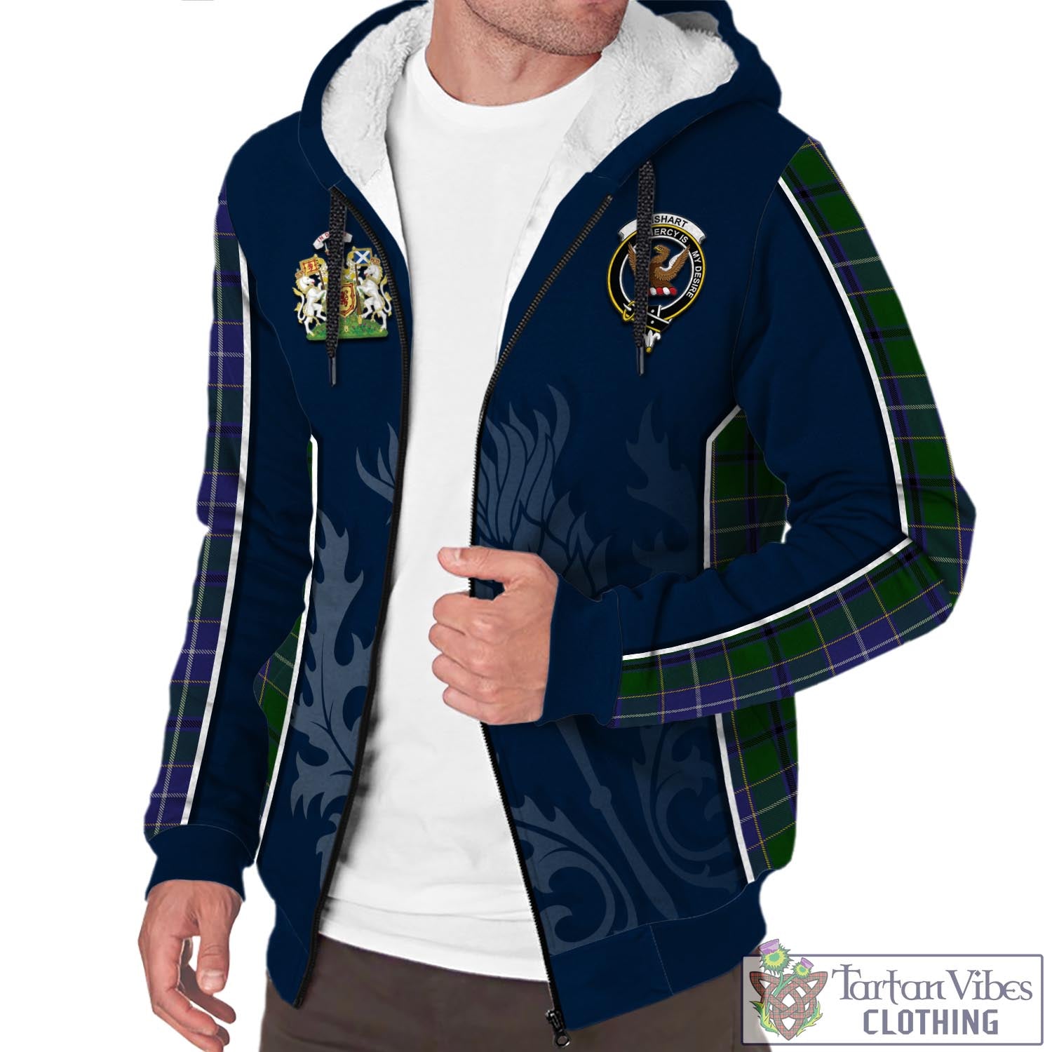 Tartan Vibes Clothing Wishart Hunting Tartan Sherpa Hoodie with Family Crest and Scottish Thistle Vibes Sport Style