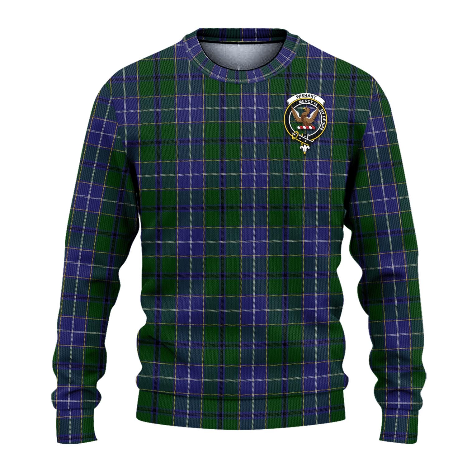 Wishart Hunting Tartan Knitted Sweater with Family Crest - Tartanvibesclothing