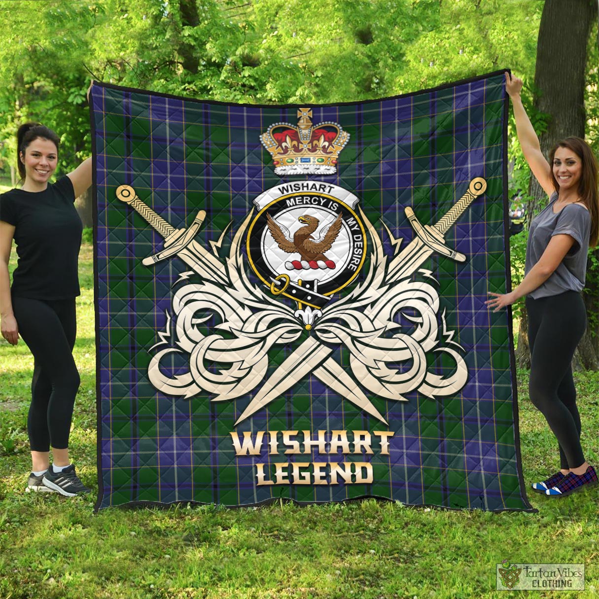 Tartan Vibes Clothing Wishart Hunting Tartan Quilt with Clan Crest and the Golden Sword of Courageous Legacy